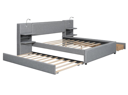 Upholstered Platform Bed With Reading Lights, Drawers, Trundle And Shelves