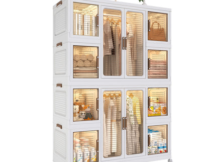 Portable Wardrobe Closet Storage Organizer For Clothes With Magnetic Doors, 12 Cubes & 2 Hanging Rods - White