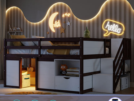 Low Loft Bed Frame With Built In Stairs, Storage Drawer, Shelf And 7 Color LED Light
