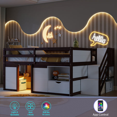 Low Loft Bed Frame With Built In Stairs, Storage Drawer, Shelf And 7 Color LED Light