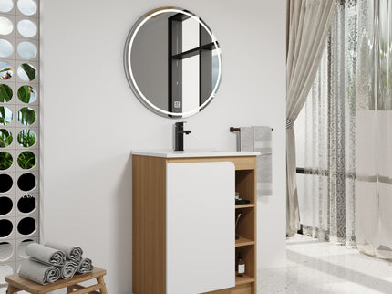 Freestanding Bathroom Vanity With Thin Rim Sink, Single Door With 4 Tier Open Shelves - Light Oak / White