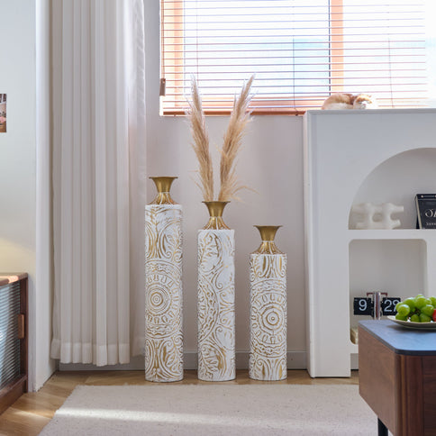 Floor Metal Vases Decorated Metal Vases (Set of 3) Gorgeous Home Decoration Large Glazed Metal Vases - White / Gold