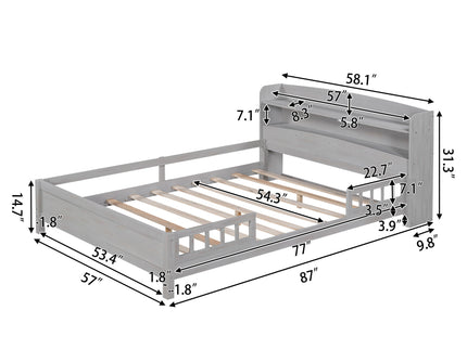 Wood Platform Bed With Built In LED Light, Storage Headboard And Guardrail