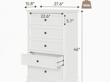 5 Drawer Tall Wide Chest Of Drawers - White
