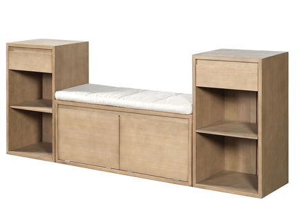 Entryway Storage Bench With Cushion, Drawers & Open Shelves