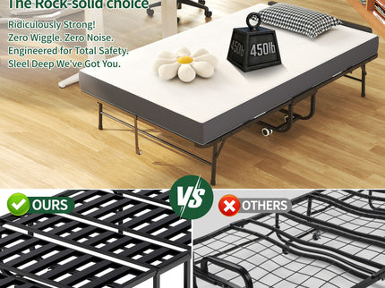 Twin Extra Long Folding Bed With Adjustable Headboard, Cot With Memory Foam Mattress - Black