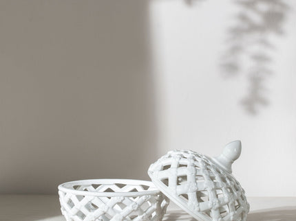 Ceramic Lidded Jar With Lattice Design - White