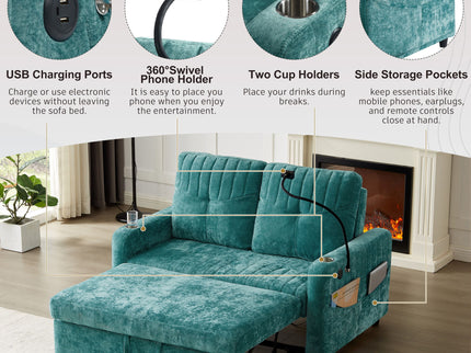 Modern Loveseat Pull Out Sofa Bed With Adjustable Backrest, Two Cup Holders, A Phone Holder, Three Charging Ports And Side Storage Pockets For Living Room