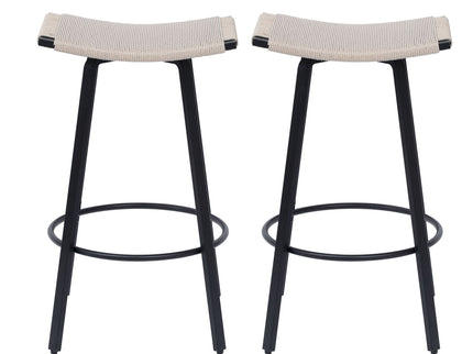 Counter Height Bar Stools Backless Handwoven Kitchen Dining Chairs With Round Footrest (Set of 2) Weaving Pub Stoo - Creamy White