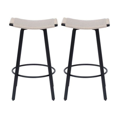 Counter Height Bar Stools Backless Handwoven Kitchen Dining Chairs With Round Footrest (Set of 2) Weaving Pub Stoo - Creamy White