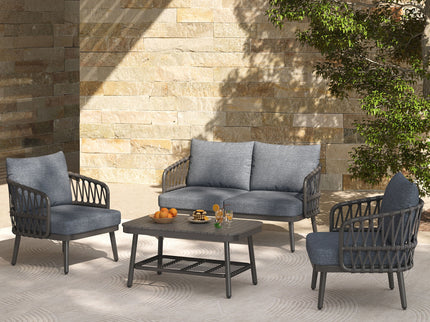 4 Piece Outdoor Patio Furniture Set, Metal Chairs With Woven Rope U Shaped Backrest