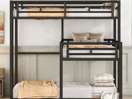 L-Shaped Triple Twin Size Bunk Bed, Industrial Design With Integrated Ladder And Full Length Guardrails - Black