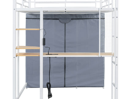 Loft Bed With Desk, Shelves, Power Outlet, LED Light And Wardrobe