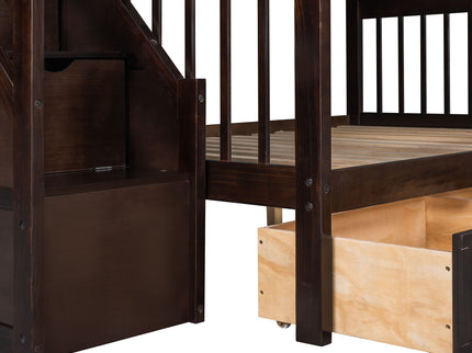Solid L Shaped Bunk Bed With 3 Drawers, Ladder And Staircase