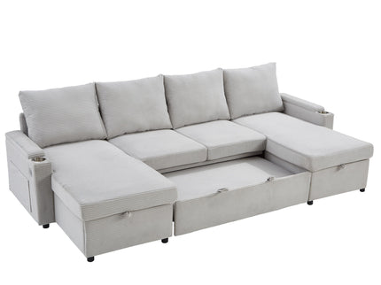 U Shaped Sectional Sofa Bed With Storage Chaise Lounges, USB Ports, And Cup Holders