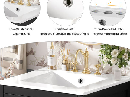 Bathroom Vanity With Integrated Undermount Ceramic Sink, 2 Doors And 1 Drawer, Soft Close Hinges