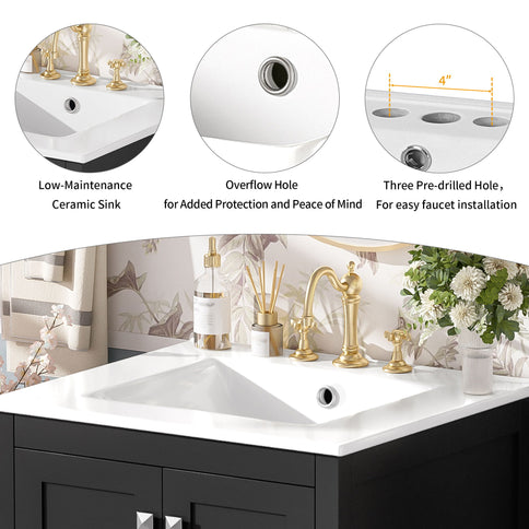 Bathroom Vanity With Integrated Undermount Ceramic Sink, 2 Doors And 1 Drawer, Soft Close Hinges
