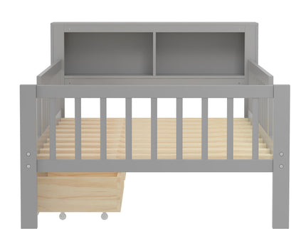 Bed With Headboard Storage Rack, 2 Under Bed Drawers, 3 Side Guardrails For Safety