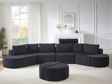 Modular Sectional Sofa With 6 Pillows And 4 Curved Footstools For Living Rooms - Black