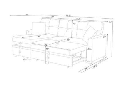 Upholstered Sectional & Pull Out Bed And Chaise Storage - Almond