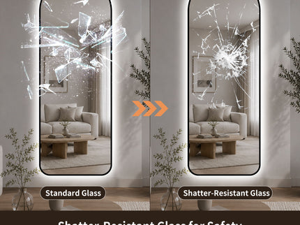 65" X 24" Arched LED Full Length Mirror With Frame, 3 Color Temperatures & Stepless Dimming - Black