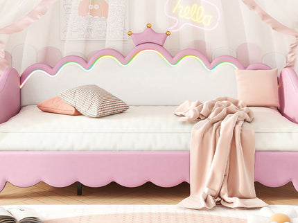 Extending Daybed With LED Lights, Modern Upholstered Princess Daybed With Crown Headboard