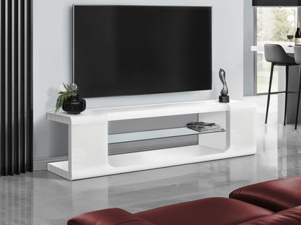TV Stand, Console, Media Entertainment Center, Storage Shelves, Glossy Contemporary & Modern - White