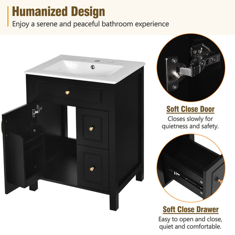 Elegant Bathroom Vanity With Ceramic Sink, Soft Close Doors And Drawers, Double Storage Racks