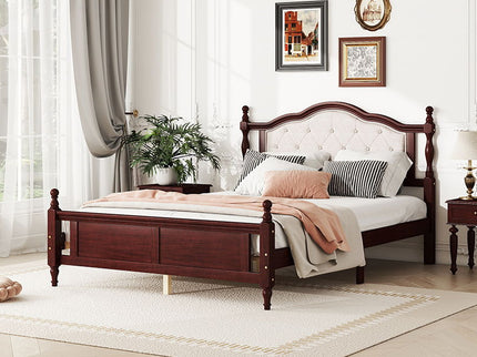 Pine Wooden Bed With Upholstered Headboard And Panel Footboard, With Two Bed Rail Support Feet And Central Platform Support Feet