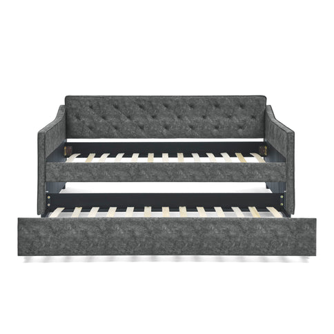 Twin Upholstered Daybed With Trundle, Waved Arms - Gray
