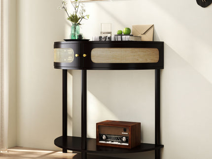 Boho Rattan Semi Circle End Table With Sliding Rattan Door, Storage And Bottom Shelf
