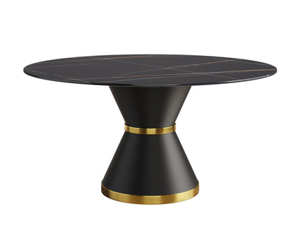 59.05" Modern Artificial Stone Round Black Carbon Steel Base Dining Table, Can Accommodate 6 People - Black