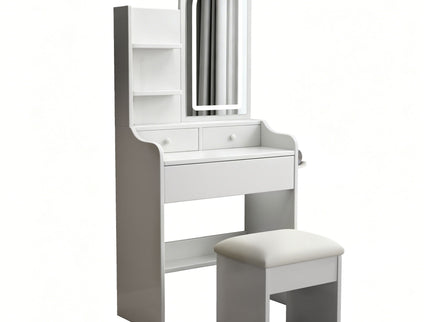 Fashion Vanity Desk With Mirror And Lights For Makeup, Hair Dryer Holder And Chair, Adjustable Lighting - White
