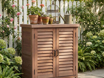 Potting Bench With Storage Cabinet And Metal Table Top For Outdoor