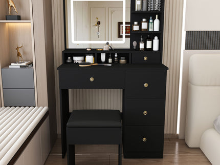 Vanity Desk With Mirror, 3 Color Lighting And Stool