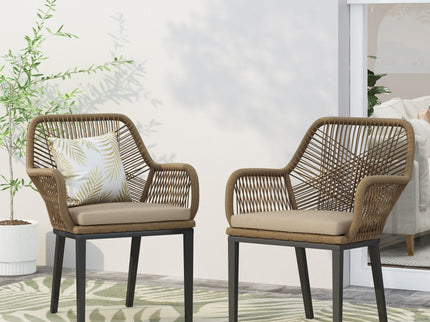 Modern Wicker Dining Club Chair With Water Resistant Cushions - Brown / Beige