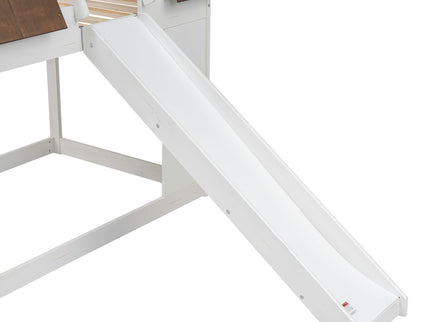 Wood Twin Size House Bunk Bed With Roof, Ladder And Slide - White / Brown