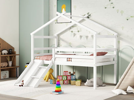 Low Loft House Bed With Slide, Ladder, Safety Guardrails, House Roof Frame