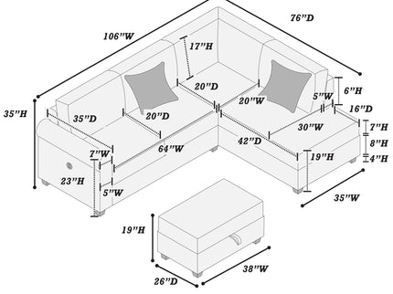 Contemporary Sectional Set With Right Arm Chaise, Left Arm Sofa With USB Port, Storage Ottoman