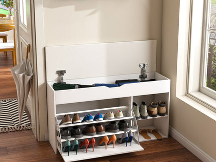 Modern Design Entryway Bench With Adjustable 3 Tier Flip-Up Drawers And Hidden Cabinet - White