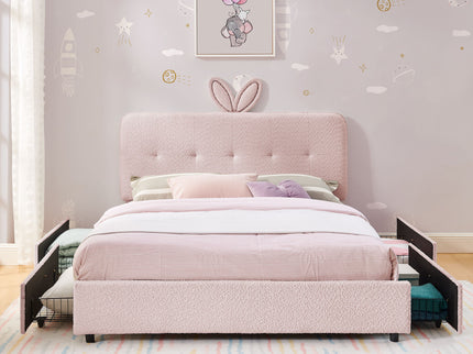 Upholstered Bed With Oversized Rabbit Ear Headboard, LED Lights & 4 Storage Drawers