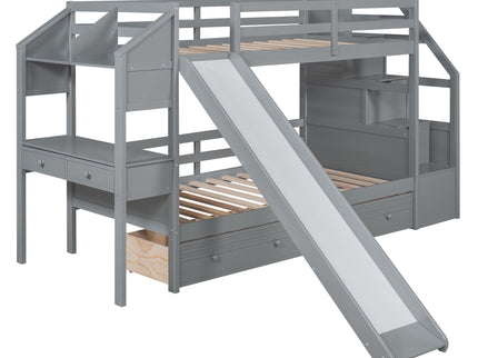 Bunk Bed With Storage Staircase, Slide, Desk, Drawers, And Shelves