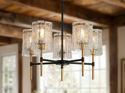 5 Light Chandelier, Textured Glass Pendant Light, (Not Including The Bulb) For Living Room - Black / Gold