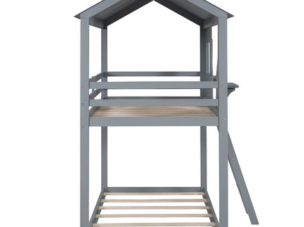 Twin Over Twin Bunk Bed With Roof, Window, Guardrail, Ladder