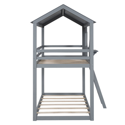 Twin Over Twin Bunk Bed With Roof, Window, Guardrail, Ladder