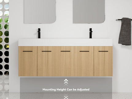 Floating Double Sink Bathroom Vanity With Extra Large Storage, Integrated Sink, Soft Close Doors, Wall Mounted Bath Vanity - Glossy White / Light Oak