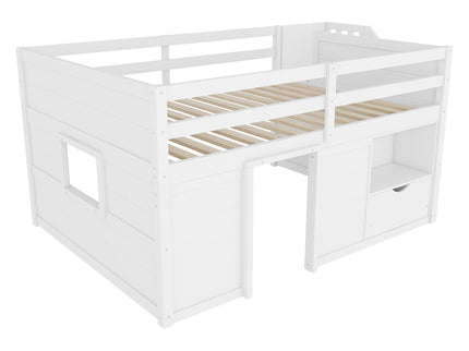 Low Loft Bed Frame With Built In Stairs, Storage Drawer, Shelf And 7 Color LED Light