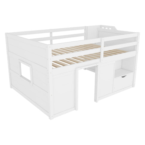 Low Loft Bed Frame With Built In Stairs, Storage Drawer, Shelf And 7 Color LED Light