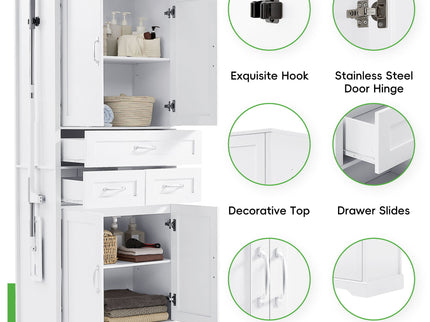 Tall Bathroom Storage Cabinet With 4 Doors 3 Drawers Adjustable Shelves - White