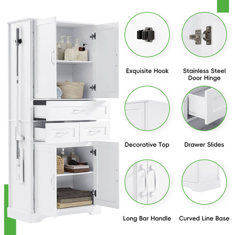 Tall Bathroom Storage Cabinet With 4 Doors 3 Drawers Adjustable Shelves - White